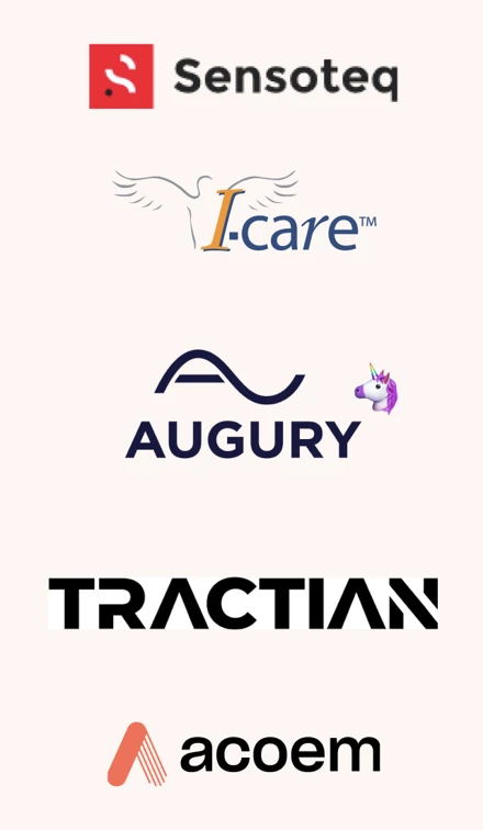 Logos of the five competitors: Sensoteq, I-care, Augury, Tractian and Acoem